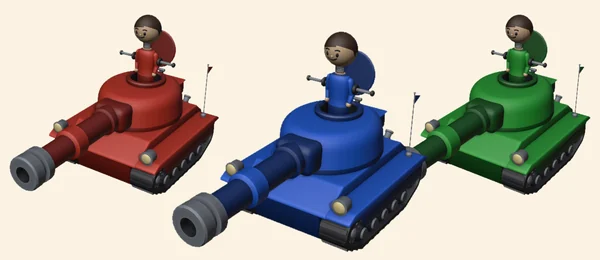 Three of the new tanks in red, blue and green, each with a smiling foosball player on a spring in its turret hatch