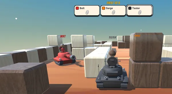Chase view: a gray tank from behind with its crew member's head in the hatch, and a red tank with its crew beside a wall of wooden blocks