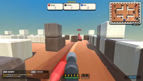 Cockpit view down the gun barrel as a red shell streaks past, with a red tank down the corridor