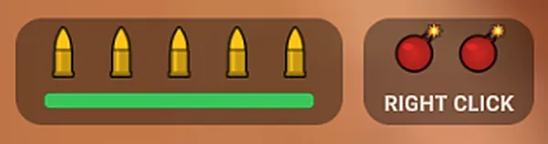 The new HUD: five brass bullet icons over a green reload bar, and two red cartoon bombs with lit fuses above the words RIGHT CLICK