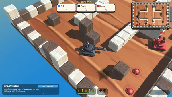 Iso view from above at an angle: a gray tank, a red tank and two red bombs among wooden blocks