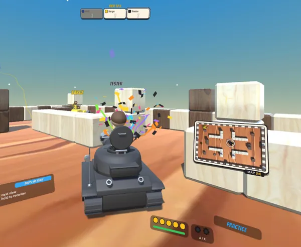 The right-eye view in VR: a gray tank in chase view with a confetti burst ahead, and the minimap, scoreboard and ammo panels floating in the arena